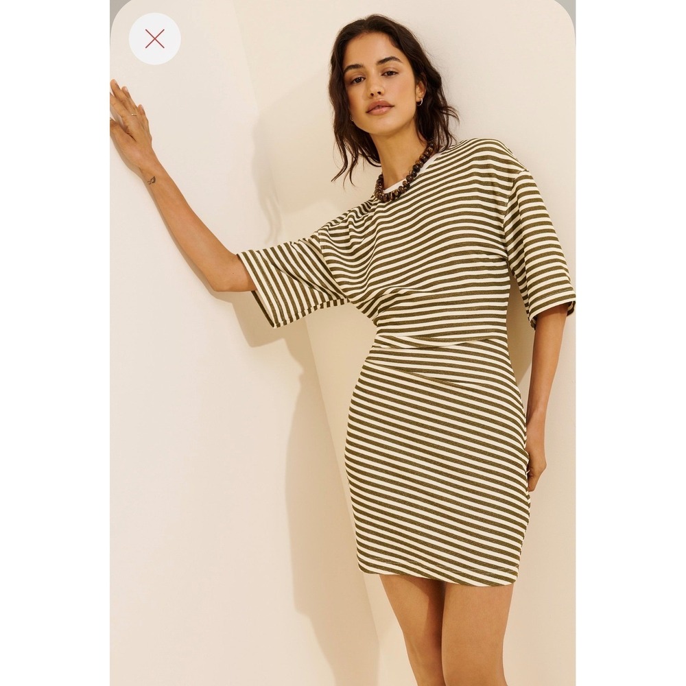 Mon Renn Olive Green Striped Ruched Aura Mini Dress T-Shirt Style | Size Small